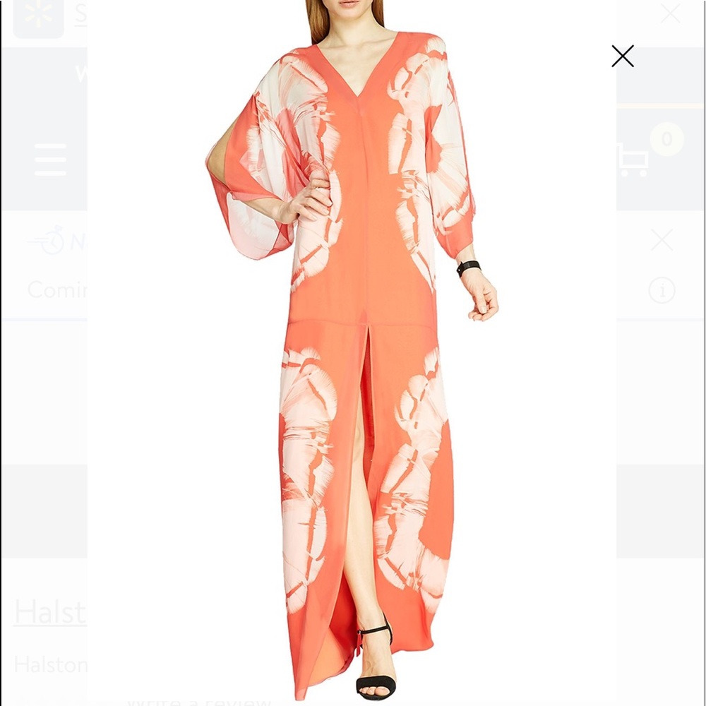 Halston Heritage Feather print flutter gown